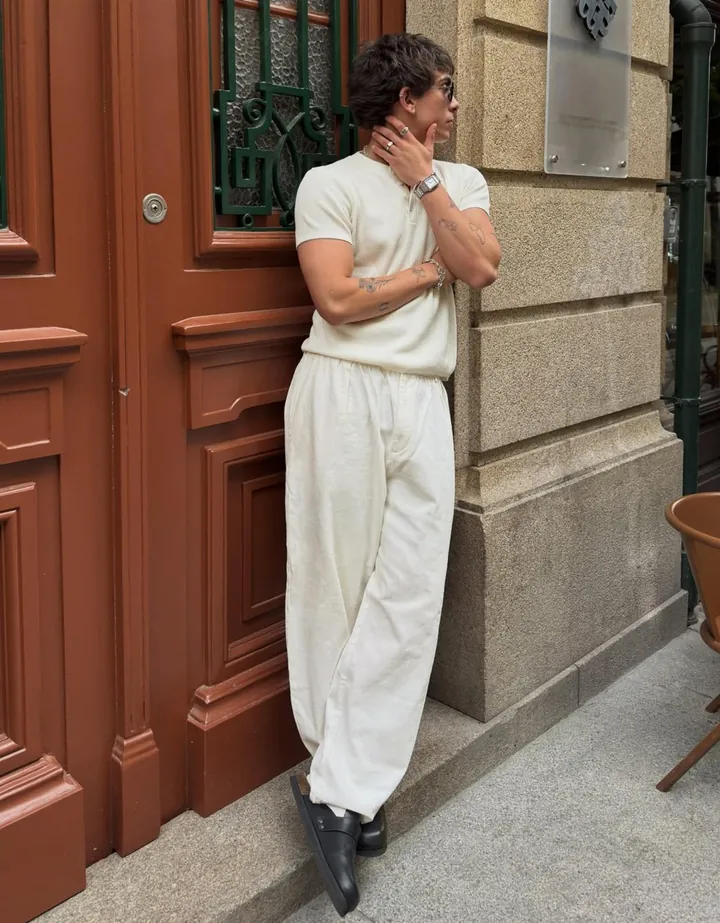 Bershka Pantalón Super Baggy Con Lino Hombre 34 Blanco Roto