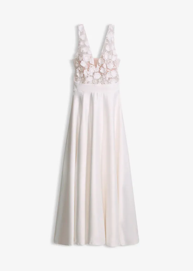 Vestido de novia de satén brillante con aplicaciones de flores