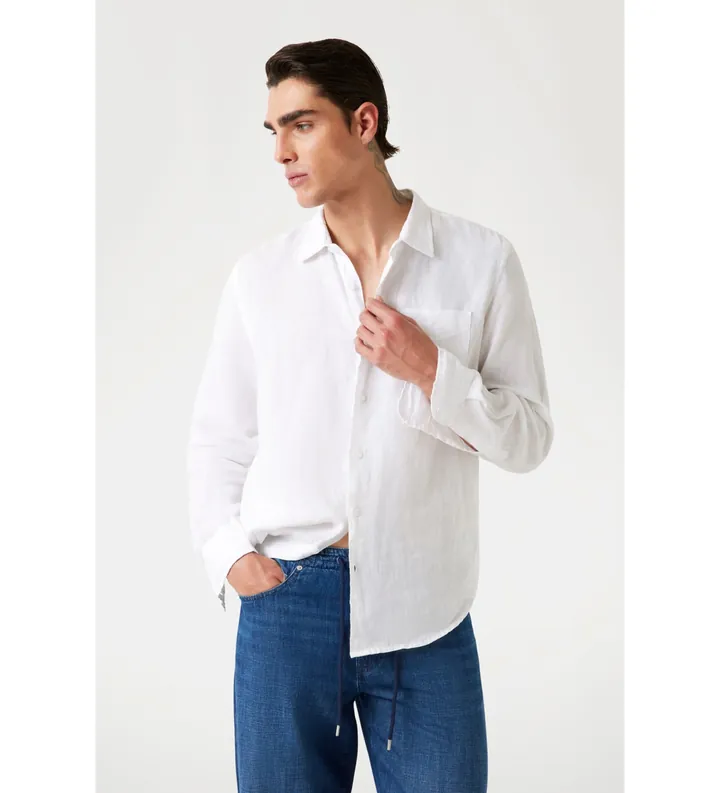 Guess para hombre. M5GH73WH3J0 Camisa de lino blanco (S), Casual, Manga larga