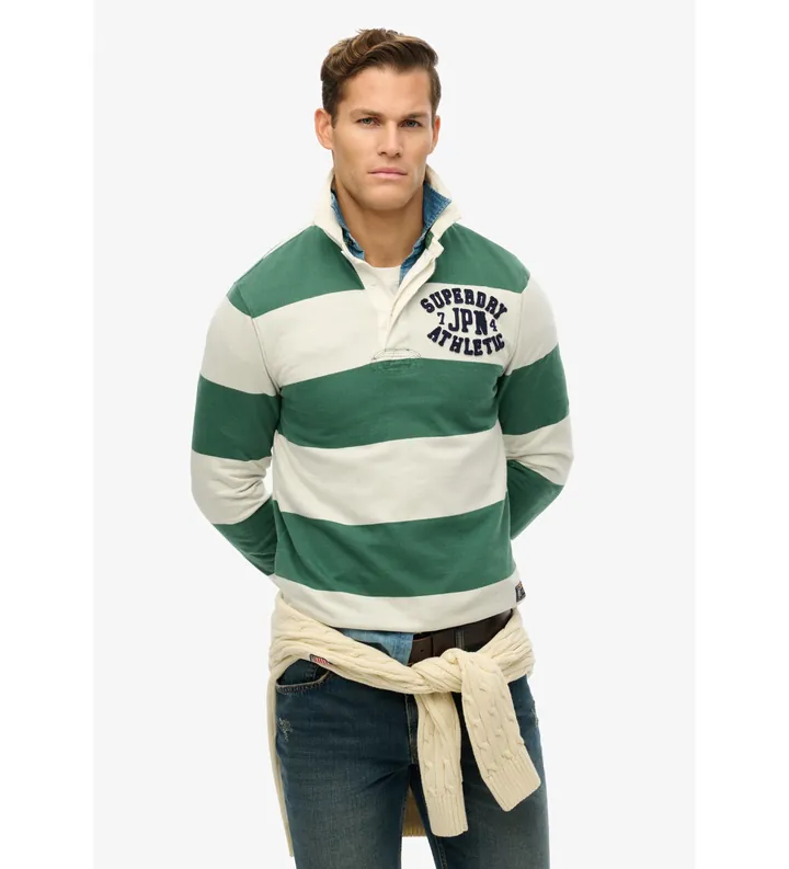 Superdry para hombre. M2014011A Polo Vintage Athletic verde, blanco (L), Casual, Algodón, Manga larga