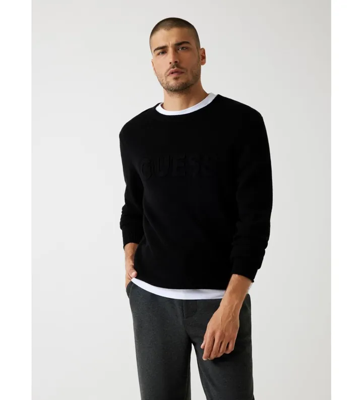 Guess para hombre. M5BR35Z2ZK2 Jersey con logotipo en relieve negro (S), Casual, Poliéster
