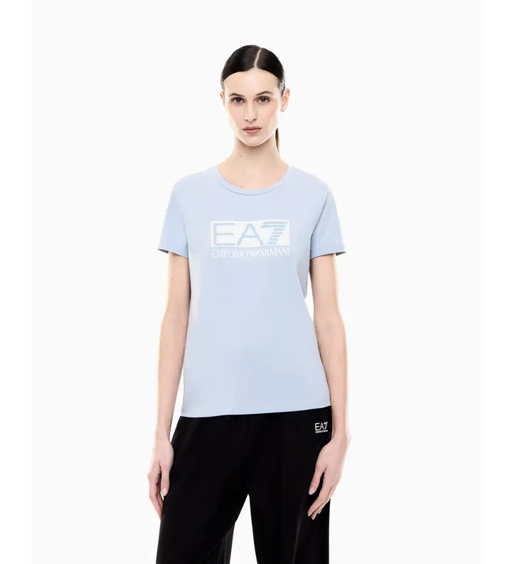 EA7 para mujer. 7W001093_AF10373 Camiseta de punto de algodón con logotipo azul (L), Casual, Manga corta