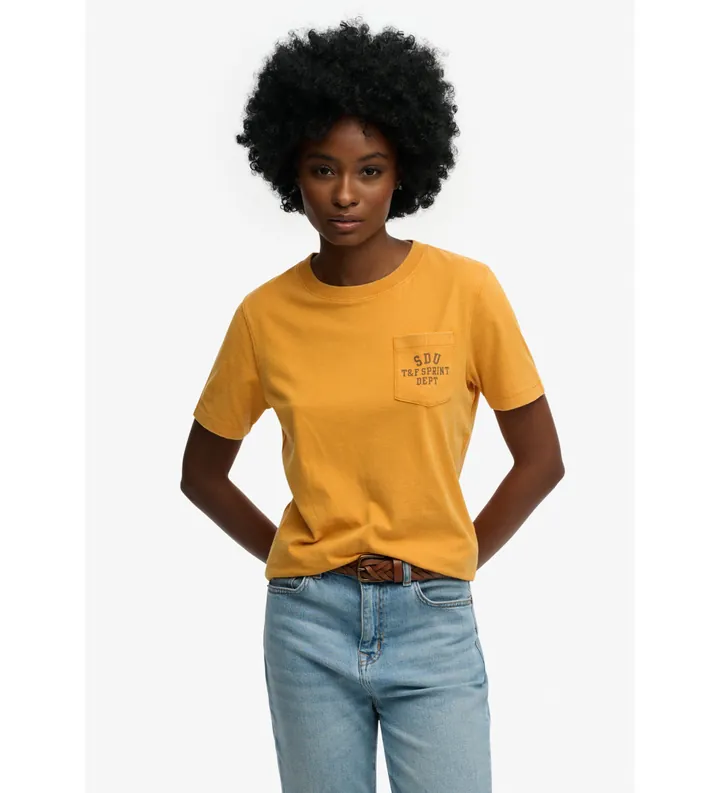 Superdry para mujer. W1011863A Camiseta Vintage Prep Pocket amarillo (L), Casual, Algodón, Manga corta