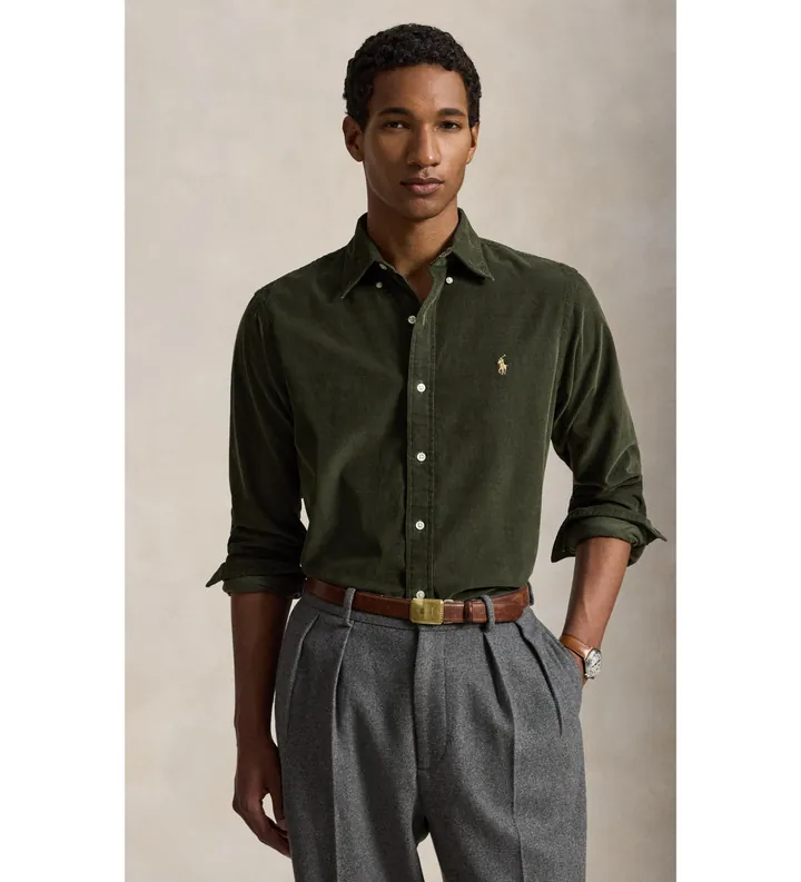 Polo Ralph Lauren para hombre. 710853123502 Camisa de pana Custom Fit verde oliva (L), Casual, Algodón, Manga larga