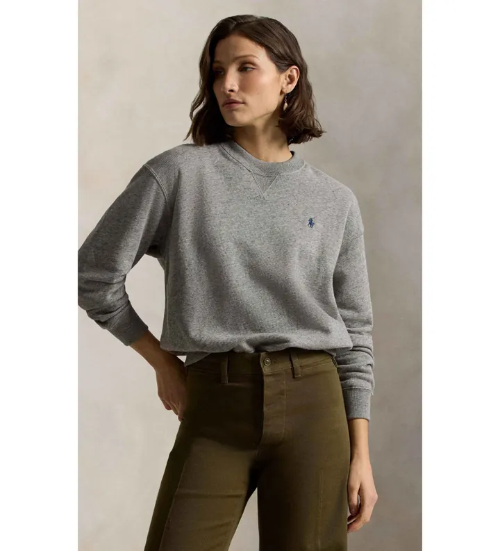 Polo Ralph Lauren para mujer. 211971690001 Sudadera de felpa con cuello redondo gris (XS), Casual, Algodón, Manga larga