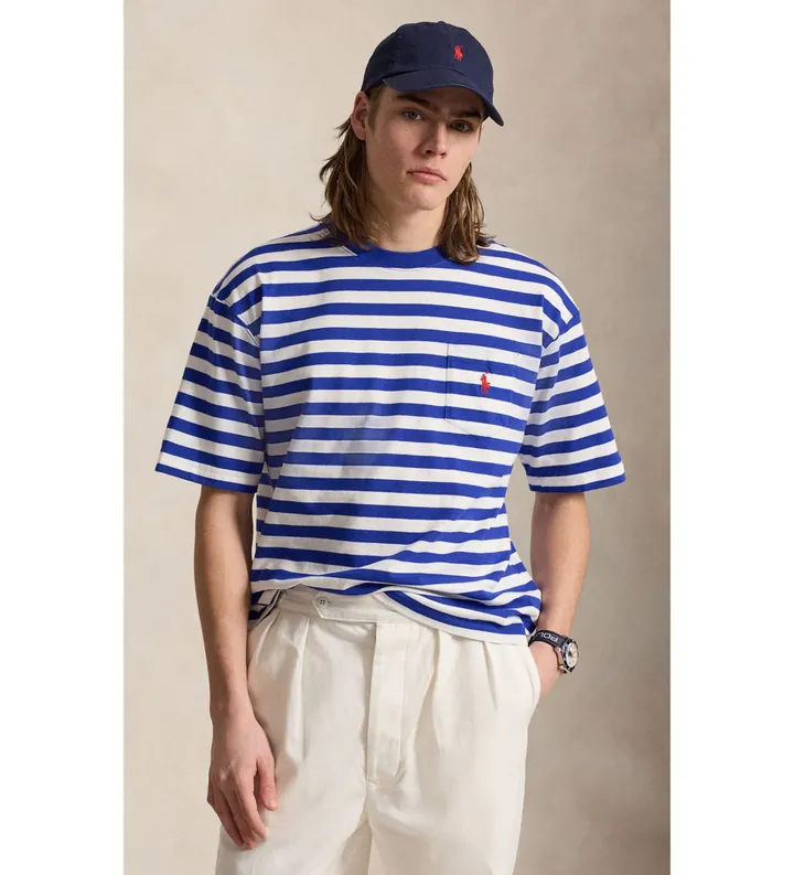 Polo Ralph Lauren para hombre. 710B19238001 Camiseta Relaxed a rayas azul (L), Casual, Algodón, Manga corta