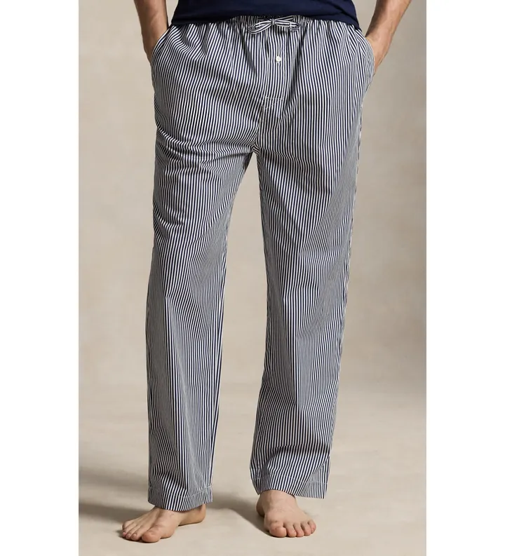 Polo Ralph Lauren para hombre. 714899509050 Pantalón de pijama de algodón con rayas marino (L), Homewear