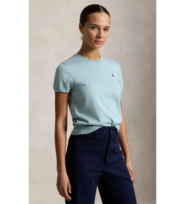 Polo Ralph Lauren para mujer. 211971872506 Jersey de manga corta con cuello redondo turquesa (L), Casual, Algodón