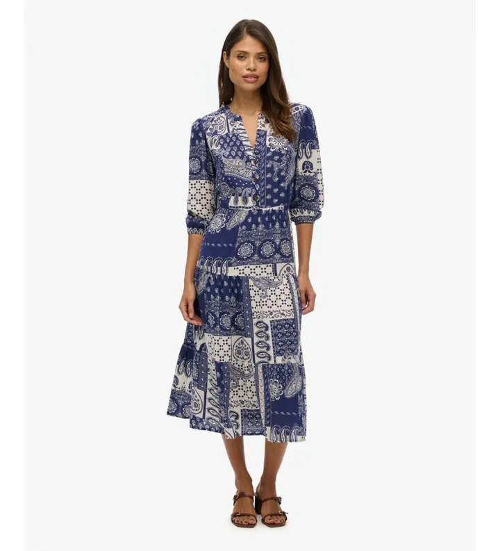Superdry para mujer. W8012029A Vestido Woven Tiered azul (M), Casual, Viscosa, Manga larga