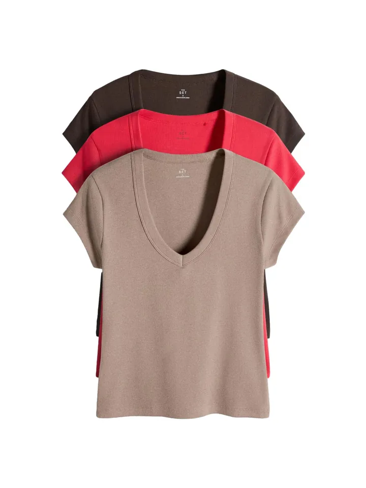 The Set Camiseta beige oscuro / chocolate / rojo