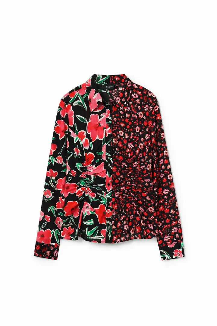 Desigual, Camisa fruncida flores, Viscosa, Rojo, L