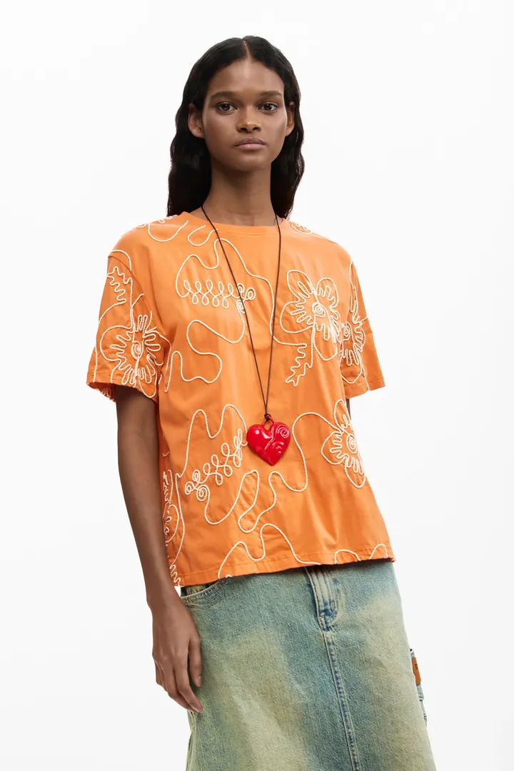Desigual, Camiseta bordados flores, Mujer, Algodon, Naranja, S