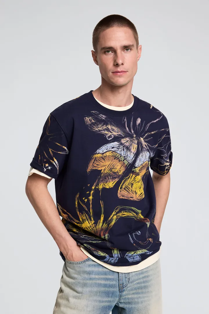 Desigual, Camiseta estampado orgánico, Hombre, Algodon, Azul, L