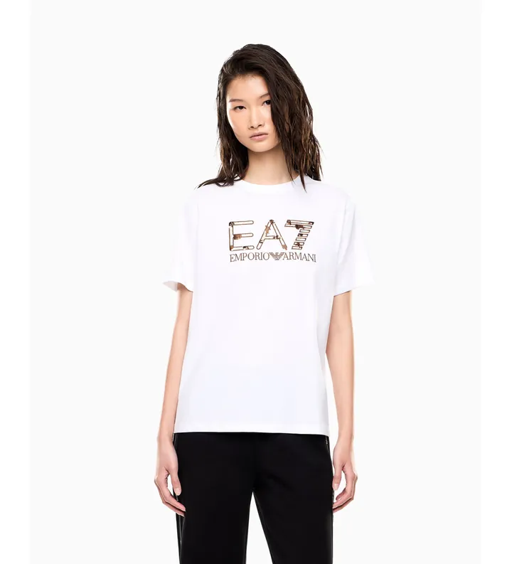 EA7 para mujer. 7W001096_AF21636 Camiseta de punto Logo Series blanco (L), Casual, Algodón, Manga corta