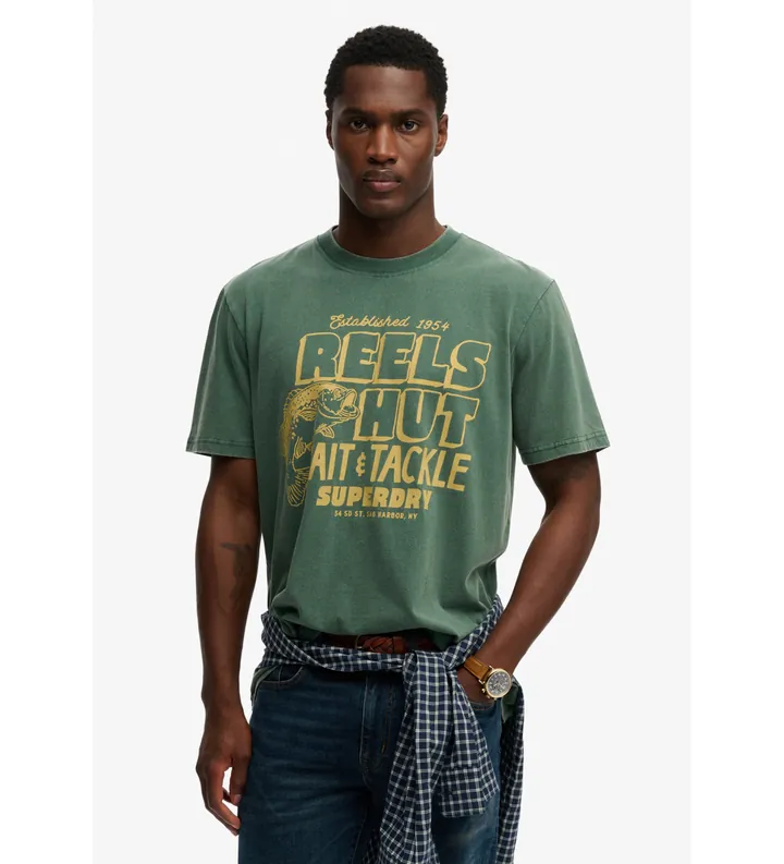 Superdry para hombre. M1012360A Camiseta Roadside Trade verde (L), Casual, Algodón, Manga corta