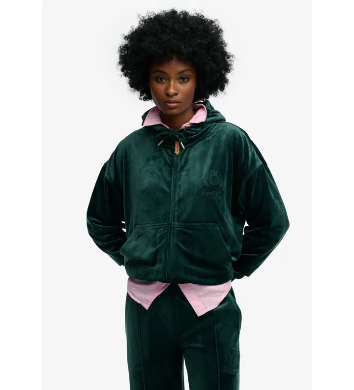 Superdry para mujer. W2012544A Sudadera Country Club Velour verde (L), Casual, Poliéster