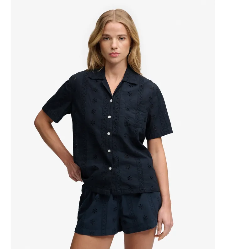 Superdry para mujer. W4010551A Camisa Heritage Broderie marino (L), Casual, Manga corta, Algodón Orgánico
