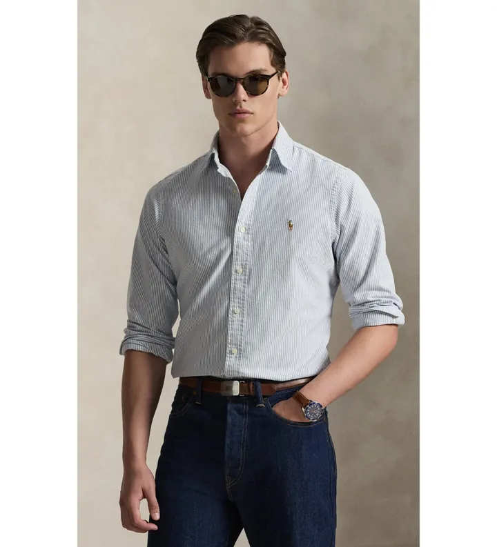 Polo Ralph Lauren para hombre. 710953704501 Camisa oxford con rayas Custom Fit blanco, marino (L), Casual, Fiesta, Algodón, Clásico, Manga l