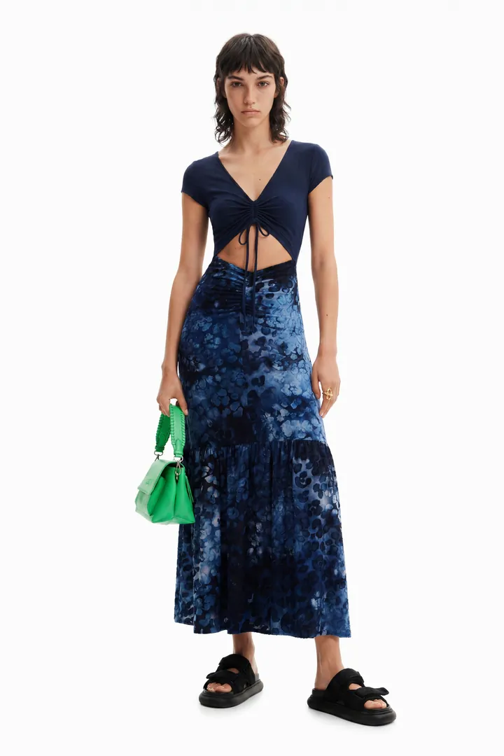Desigual, Vestido largo combinado textura animal print, Azul, L