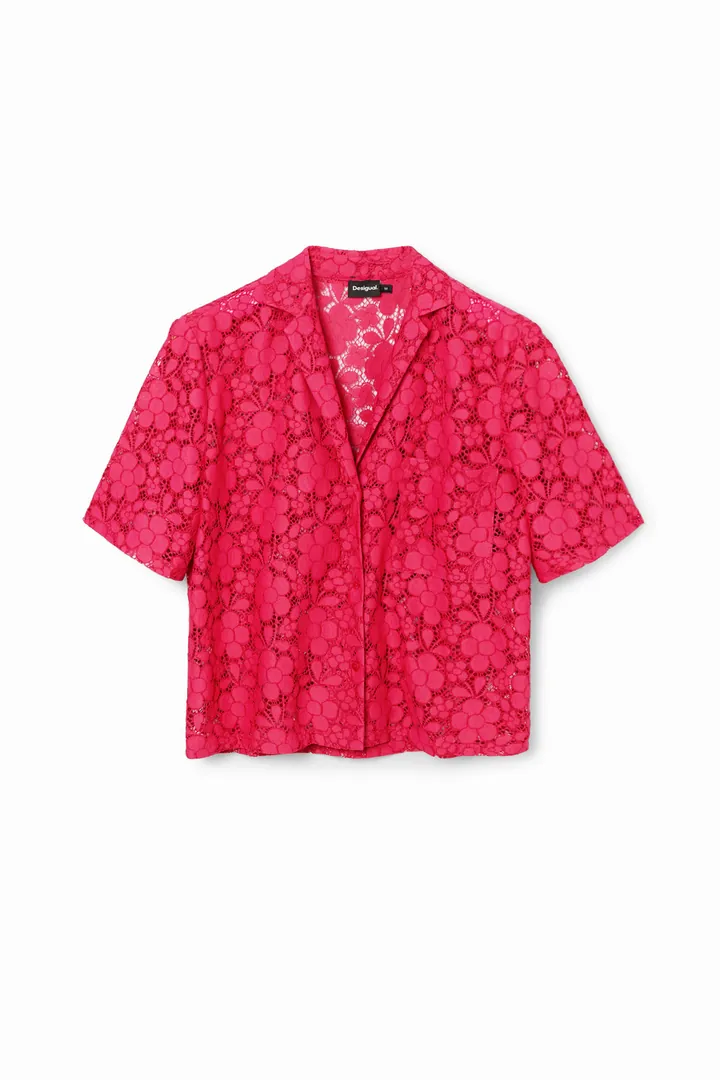 Desigual, Camisa corta resort encaje, Poliester, Rojo, M