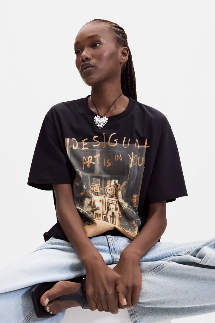 Desigual, Camiseta Estampada, Mujer, Algodon, Negro, L
