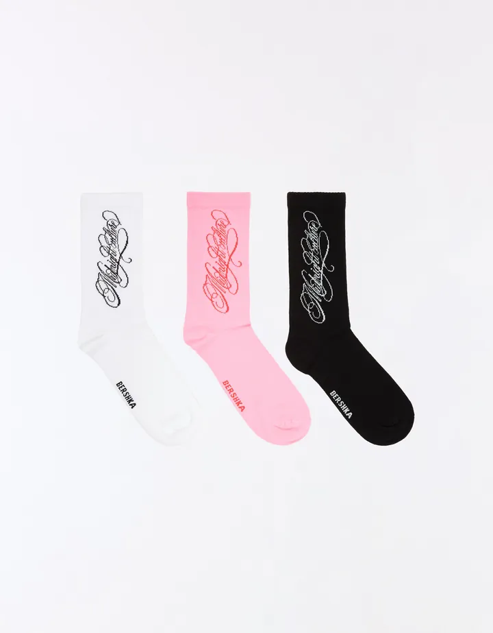 Bershka Pack 3 Calcetines Combinados Hombre L Rosa