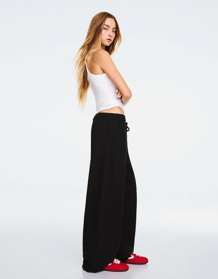 Bershka Pantalón Barrel Felpa Stoppers Mujer L Negro