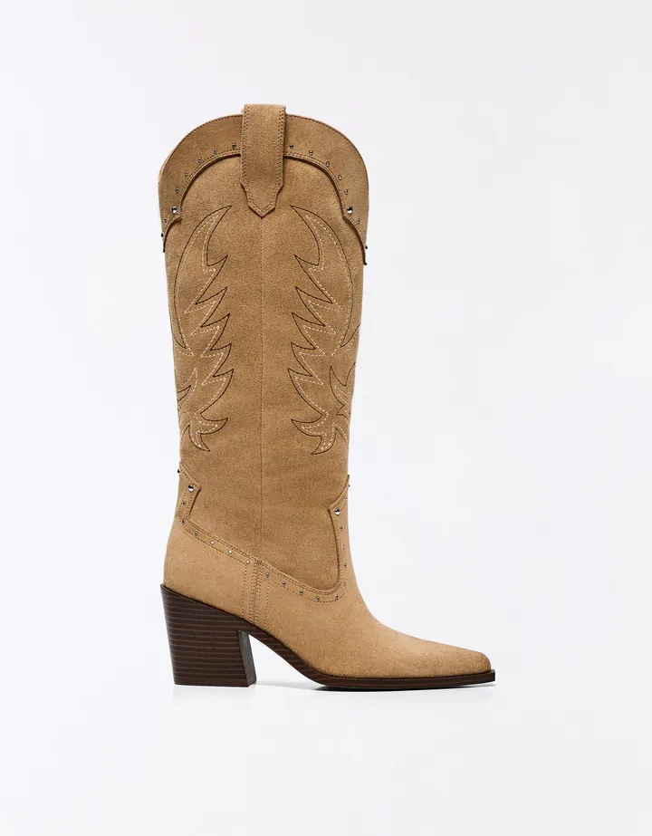 Bershka Bota Tacón Cowboy Tachitas Mujer 35 Beige