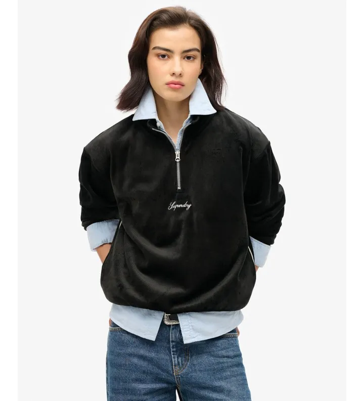 Superdry para mujer. W2012206A Sudadera Country Club Velour Half Zip negro (L), Casual, Poliéster, Manga larga