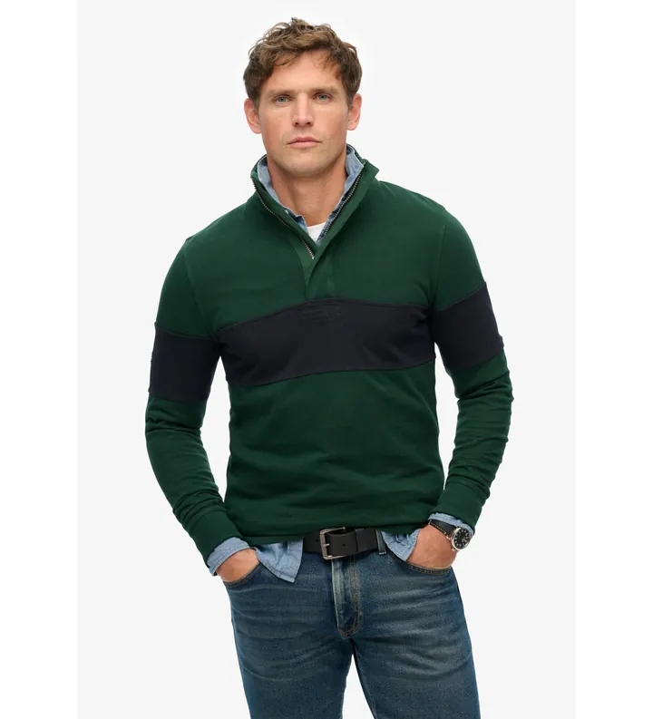 Superdry para hombre. M2014171A Jersey de rugby clásica con cuello panadero verde (L), Casual, Algodón