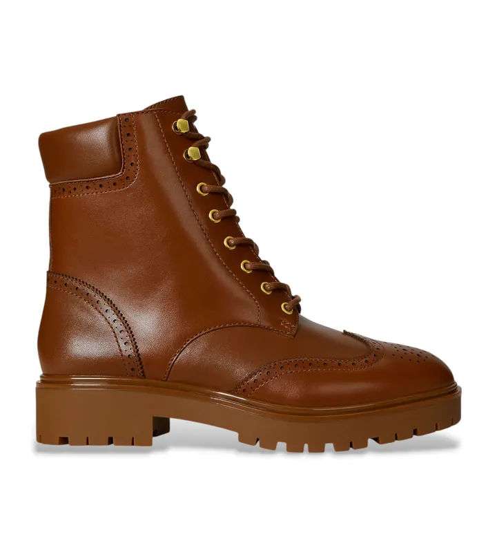 Lauren Ralph Lauren para mujer. 802977885001 Botines de piel Allyson marrón (36), Plano, Cordones, Cremallera, Casual