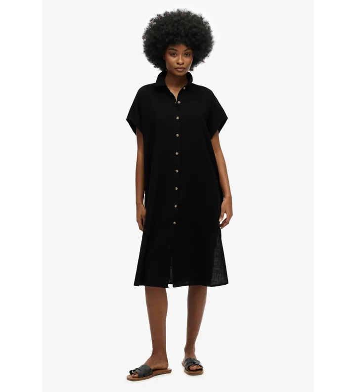 Superdry para mujer. W8011959A Vestido camisero midi extragrande negro (XS), Casual, Algodón, Manga corta