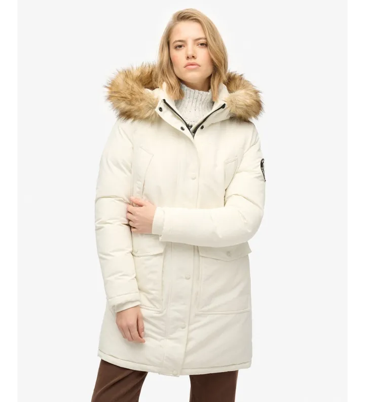 Superdry para mujer. W5011786A Parka Everest Faux Fur blanco roto (L), Casual, Poliéster Reciclado, Sostenible