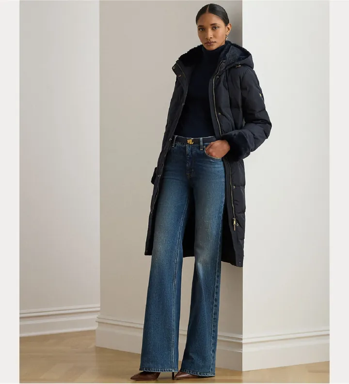 Lauren Ralph Lauren para mujer. 297P04130002 Abrigo de plumón con pelo sintético marino (XL), Casual, Poliéster