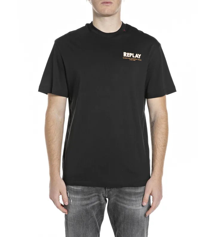 Replay para hombre. M3397.000.23608P Camiseta estampado negro (L), Casual, Algodón, Manga corta