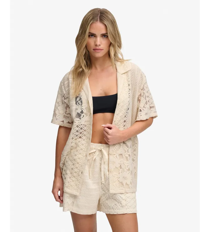 Superdry para mujer. W4010533A Camisa de Encaje Resort beige (L), Casual, Algodón, Manga corta