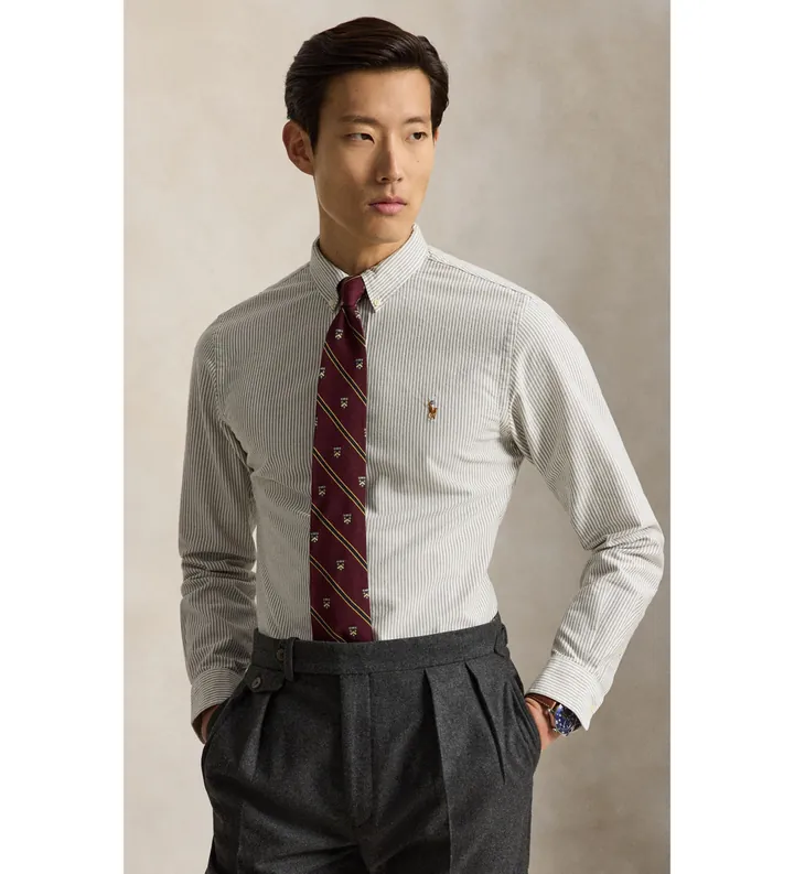 Polo Ralph Lauren para hombre. 710953704503 Camisa oxford de rayas Custom Fit (L), Marrón, Casual, Algodón, Clásico, Manga larga