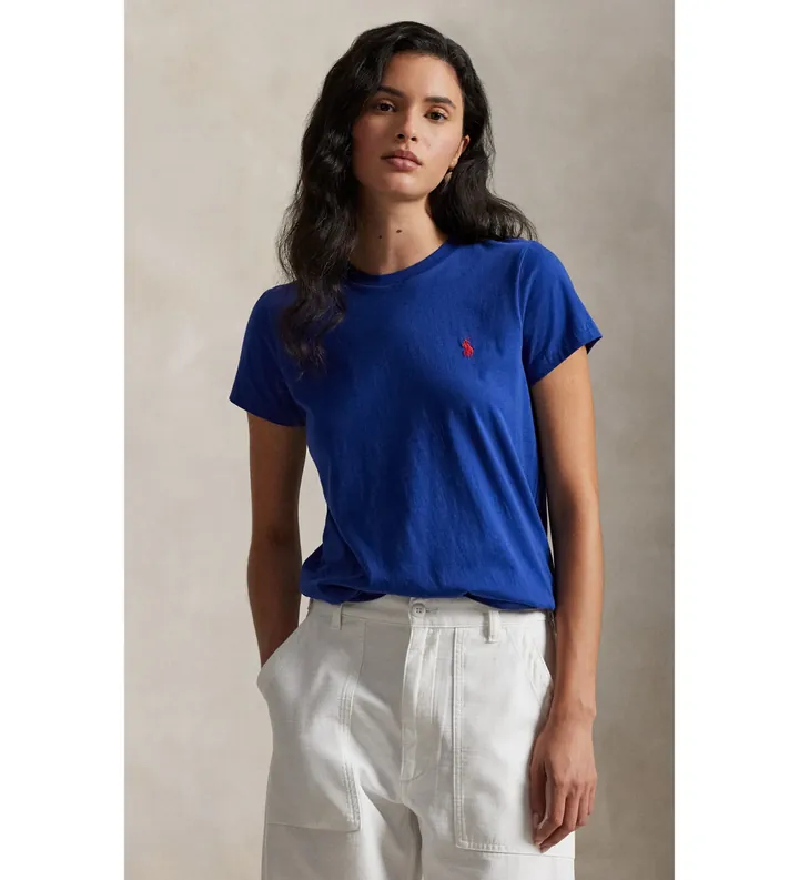 Polo Ralph Lauren para mujer. 211B14605007 Camiseta de punto de algodón Classic Fit azul (L), Casual, Manga corta