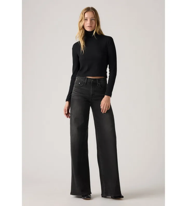 Levi's para mujer. 0039B-0000 Jeans 728 de pierna ancha y tiro alto negro (25/30), Casual, Algodón, Denim