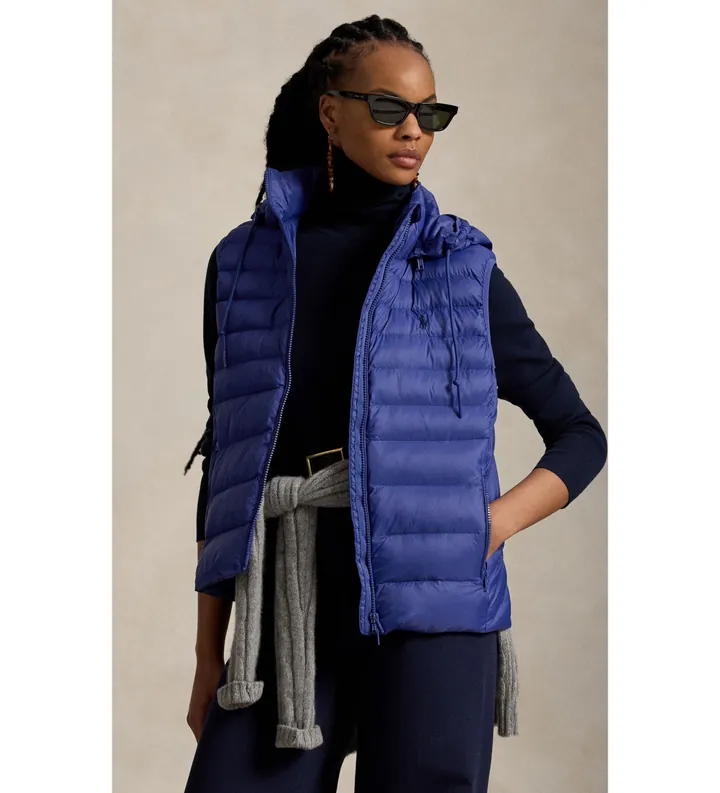 Polo Ralph Lauren para mujer. 211958935500 Chaleco plegable hidrófugo azul (L), Casual, Nylon