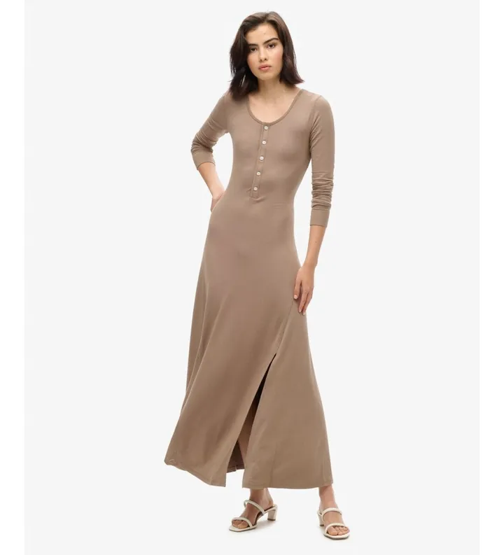 Superdry para mujer. W8011760A Vestido Henley marrón (L), Casual, Modal, Manga larga