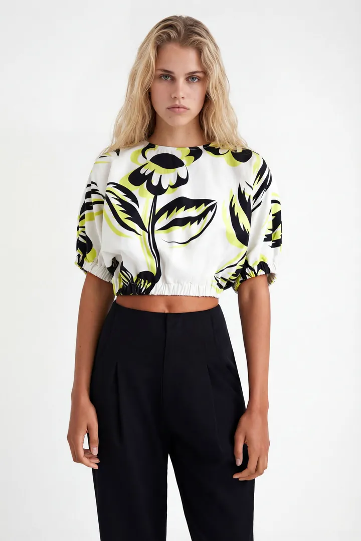 Desigual, Blusa cropped flores, Blanco, L