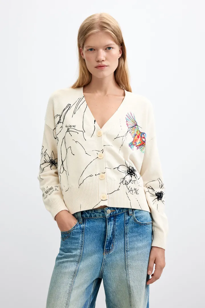 Desigual, Cárdigan Estampado Flores, Mujer, Algodon, Blanco, L
