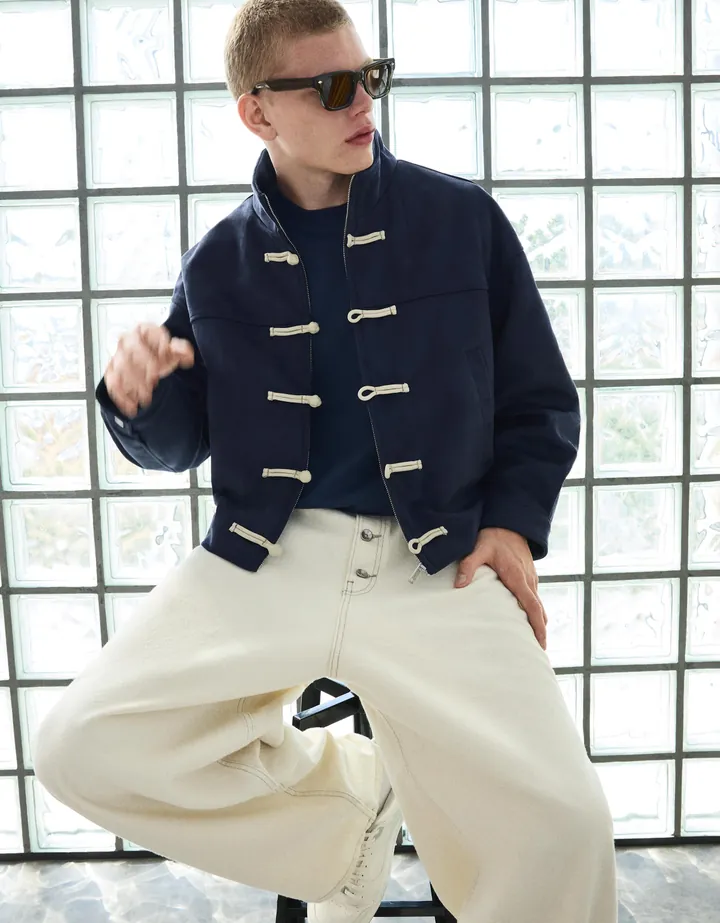 Bershka Cazadora Efecto Suede Alamares Hombre L Azul Oscuro