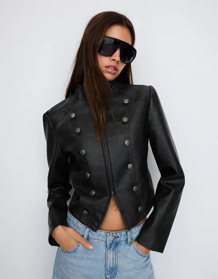 Bershka Cazadora Efecto Piel Botones Mujer L Gris Oscuro