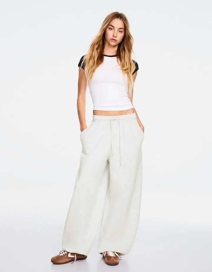 Bershka Pantalón Barrel Felpa Stoppers Mujer L Gris