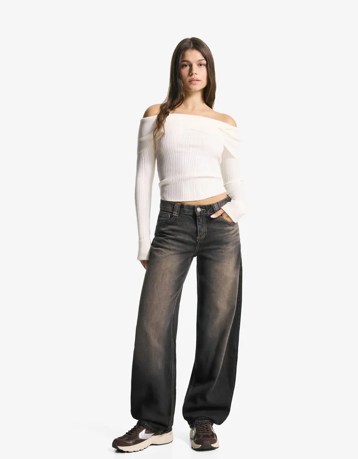 Bershka Jeans Barrel Tiro Alto Mujer 10-12 Negro