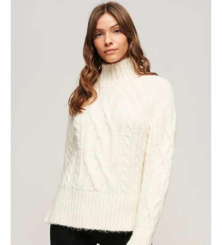 Superdry para mujer. W6110530A Jersey de cuello alto en punto de ochos blanco (L), Casual, Acrílico
