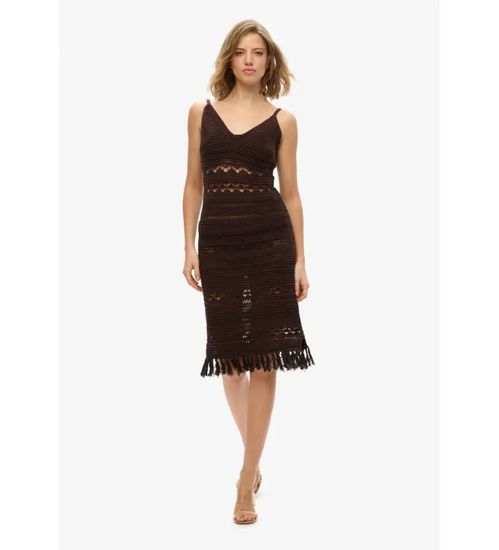 Superdry para mujer. W8011856A Vestido midi de ganchillo con borlas marrón (M), Casual, Sin mangas / Tirantes, Algodón Orgánico, Sostenible