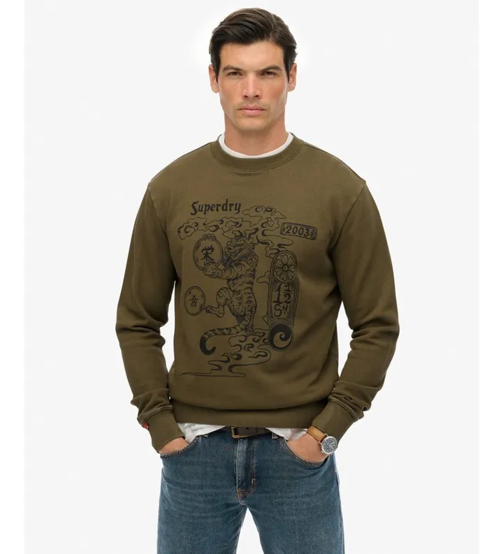 Superdry para hombre. M2014249A Sudadera Tokyo Narrative Loose marrón verdoso (3XL), Casual, Verde, Algodón